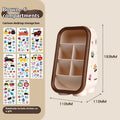 Cartoon-style plastic desktop organiser with grid compartments and labelling stickers for stationery storage