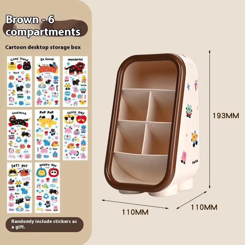 Cartoon-style plastic desktop organiser with grid compartments and labelling stickers for stationery storage