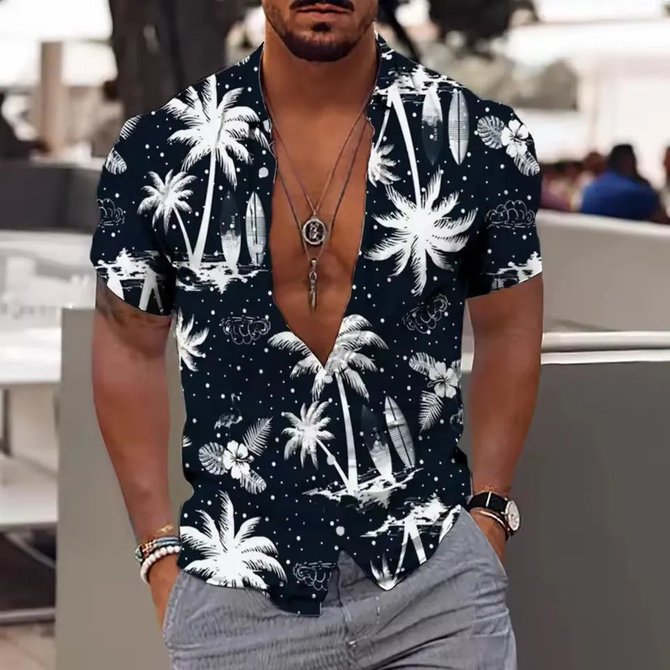 Men's floral printed short sleeve shirt in loose cardigan style for summer wear