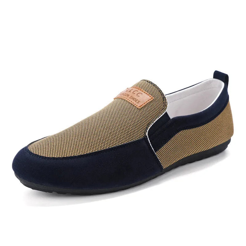 Men's grey canvas board shoes with round toe and rubber soles