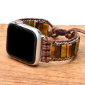 Rectangular tiger eye stone chain watch strap bracelet with adjustable textile band on wrist
