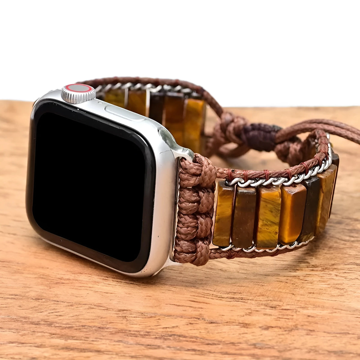 Rectangular tiger eye stone chain watch strap bracelet with adjustable textile band on wrist