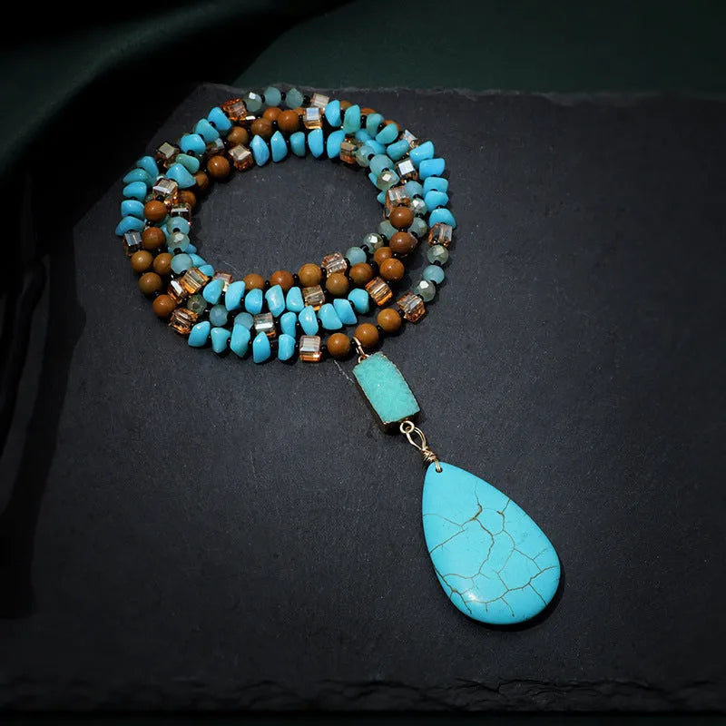 Turquoise water drop imitation mineral pendant on mixed material ball bead necklace chain