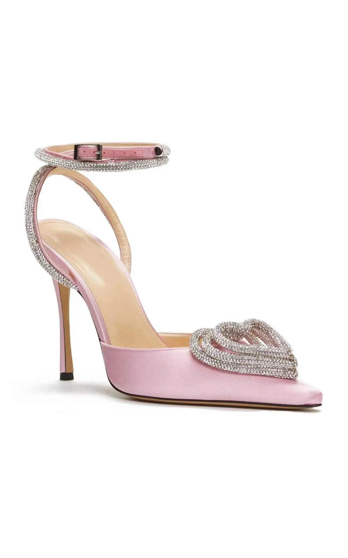 Women's pink satin sandal with heart-shaped rhinestone detail and adjustable ankle strap.