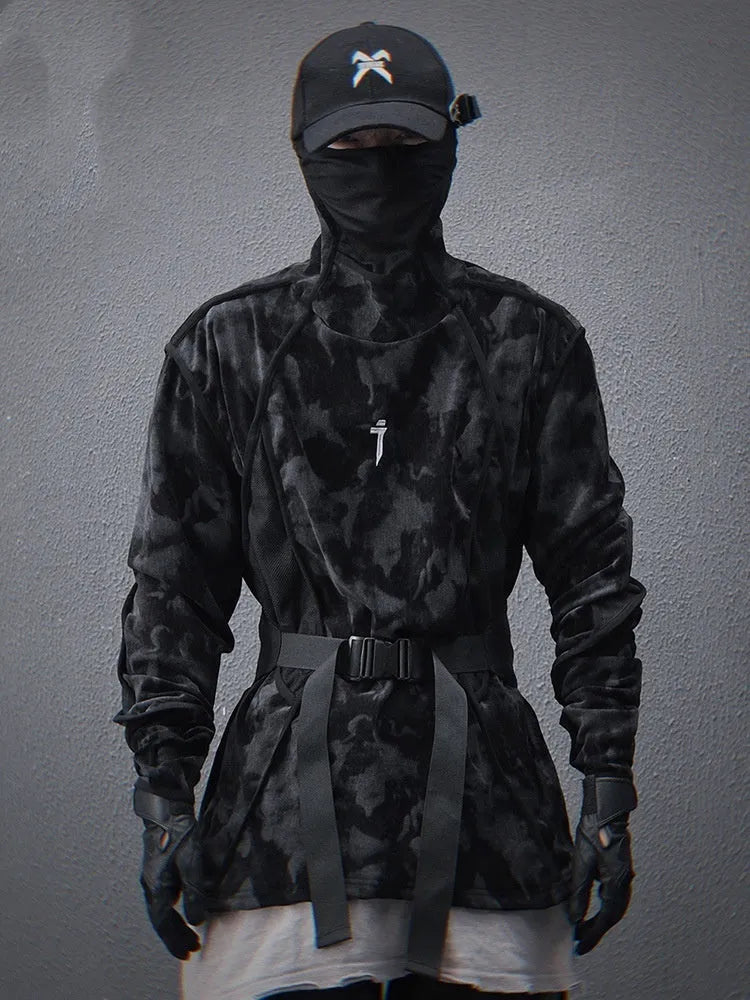 Men's black tie-dye turtleneck sweater with loose fit and drop-shoulder sleeves
