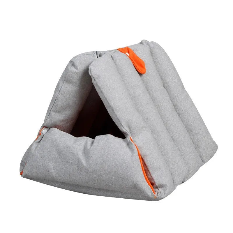 Blue triangular sofa-style cat bed with a removable cover and connection holes on the side.
