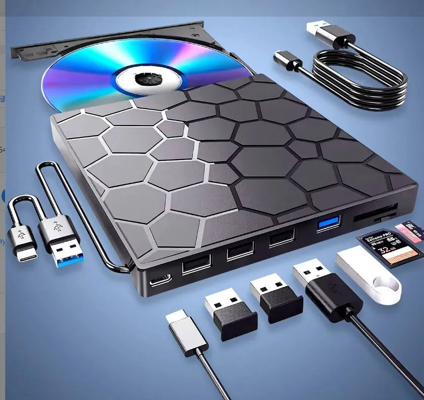 Black external USB CD DVD drive with compact dimensions for laptop and desktop computers