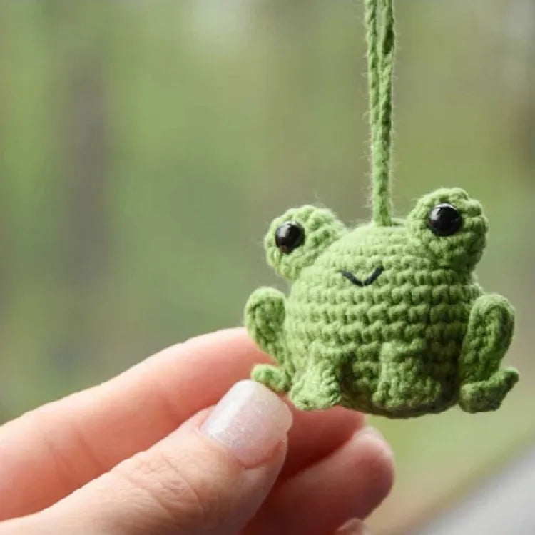 Handmade woven plush frog pendant for car interior decoration in green colour
