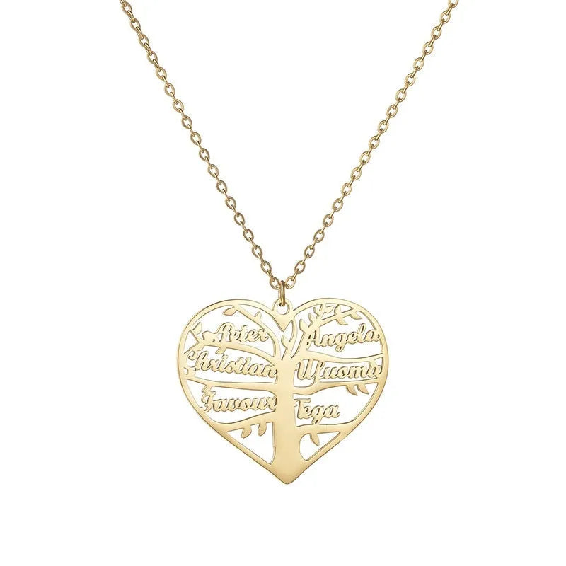 Women's personalised stainless steel necklace with hollow heart life tree pendant for custom names