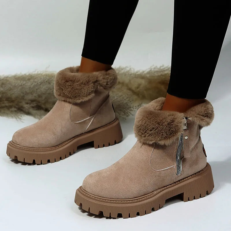 Women's black thick plush high-top snow boots with a side zipper and non-slip sole.