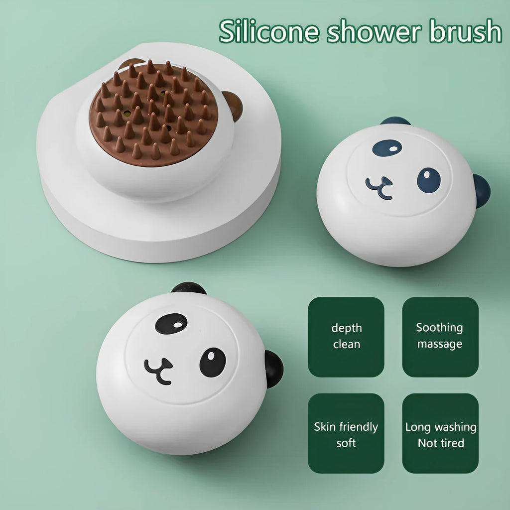 Panda-shaped silicone pet bath brush in black, blue, or khaki colour options