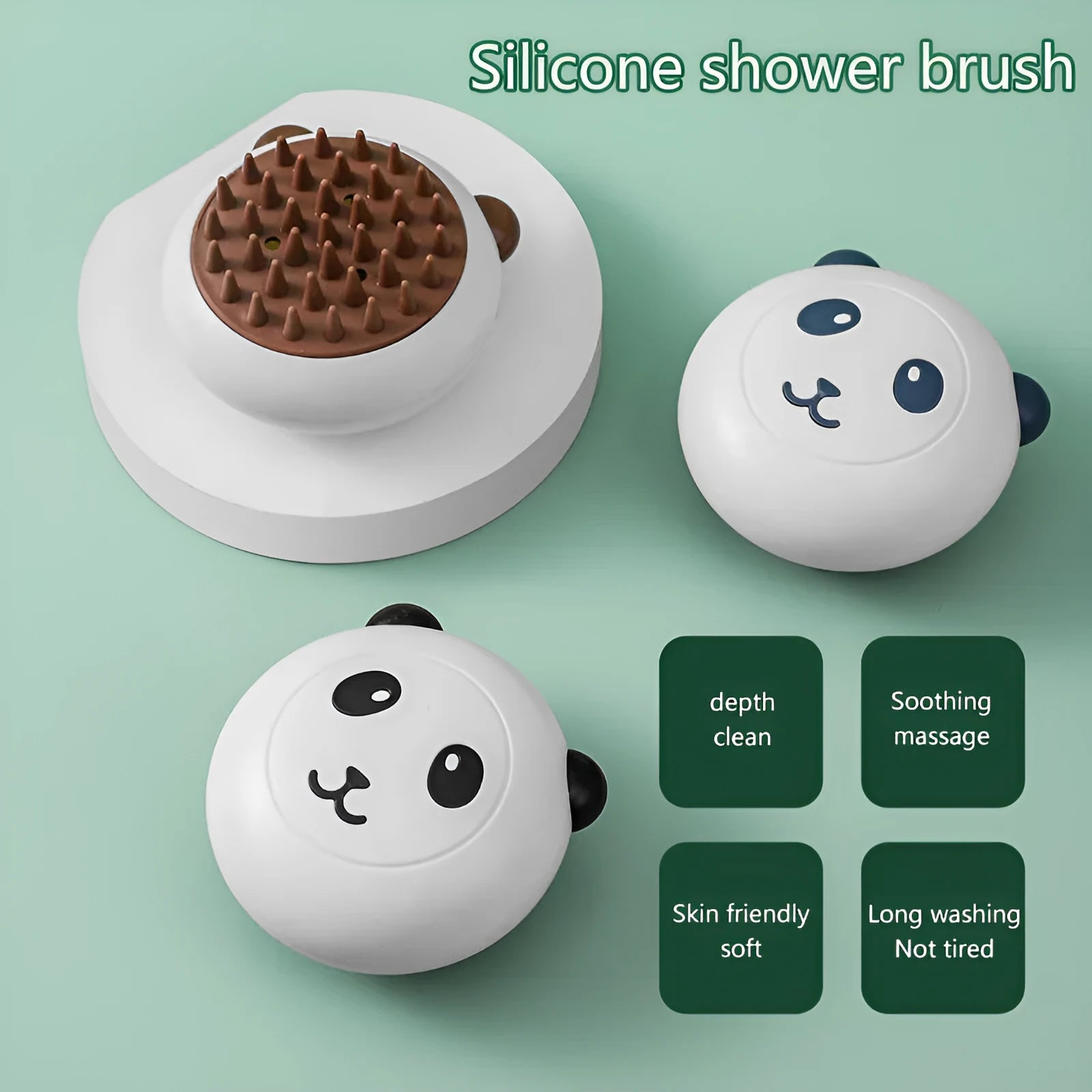 Panda-shaped silicone pet bath brush in black, blue, or khaki colour options
