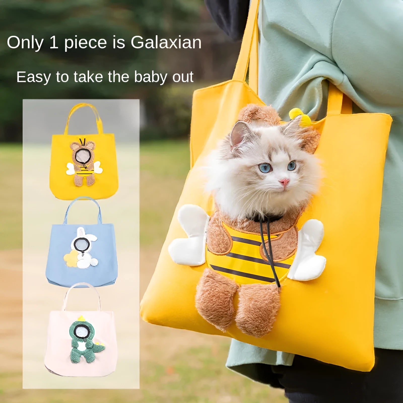 Canvas pet carrier bag with animal patterns, showing safety zippers and an elastic side opening.