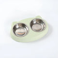 Blue, green, and pink macaron-shaped plastic double bowl pet feeding tray for cats and dogs.