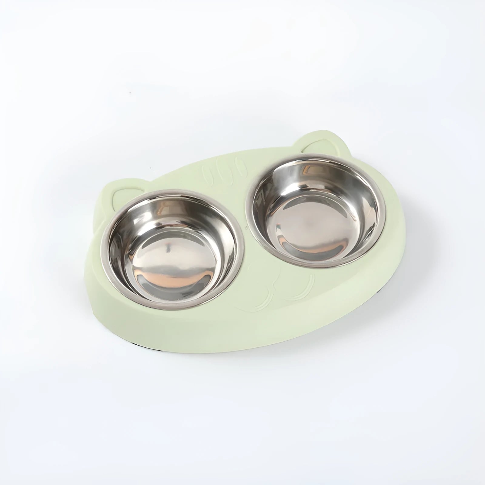 Blue, green, and pink macaron-shaped plastic double bowl pet feeding tray for cats and dogs.