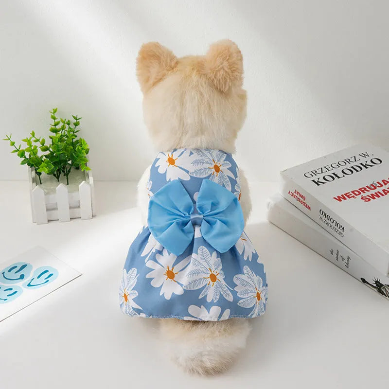 Orange bow summer pet dress with floral butterfly pattern on a dog, showing princess-style thin polyester construction.