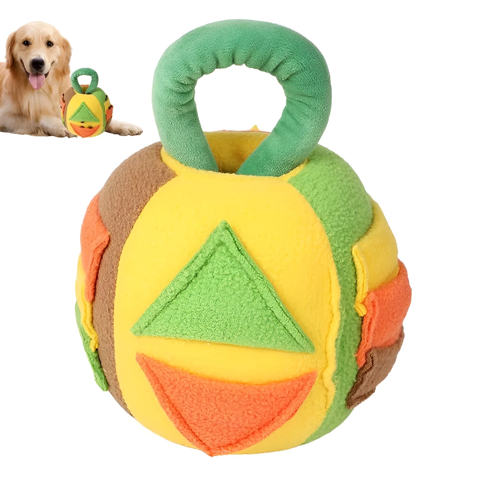 Green and pink dog plush ball squeaky toy with treat pockets for small to medium dogs.