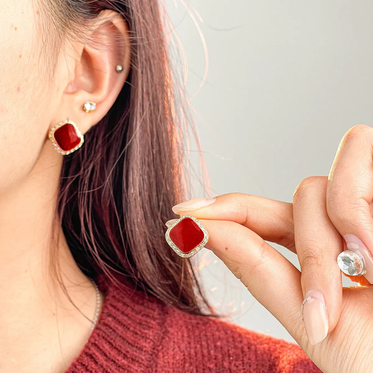 Red square geometric alloy earrings with retro style and simple inlaid design