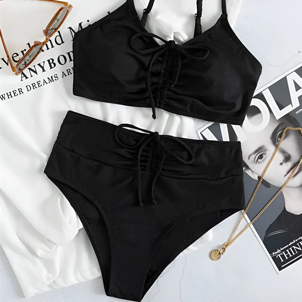 Black high waist bikini swimsuit with sling split design for women
