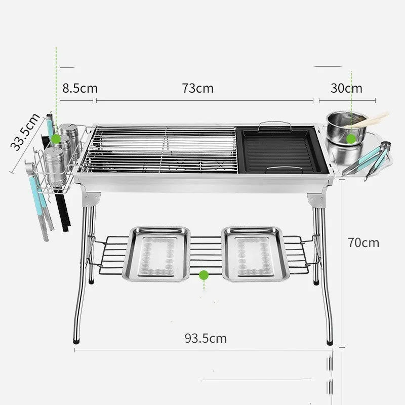 Stainless steel portable folding barbecue oven with grill, dimensions 73x33.5x70cm.