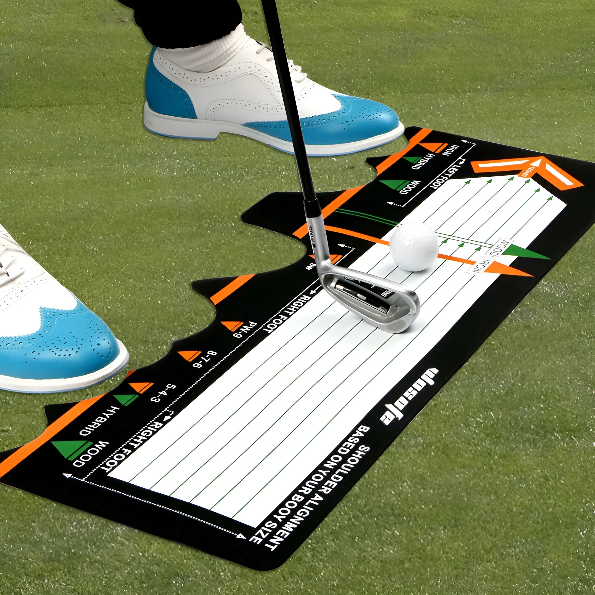 Black rectangular neoprene golf swing stance posture training pad on a green surface.