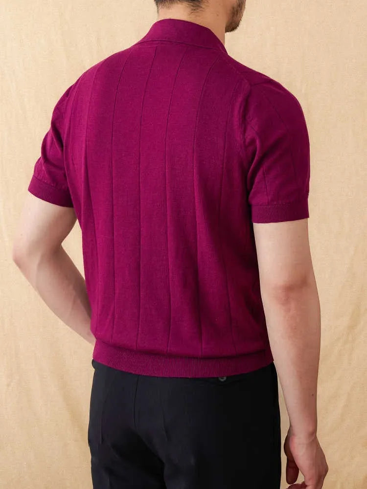 Men's short sleeve knitted top with seagull collar in cotton ramie blend fabric showing sunk stripe texture