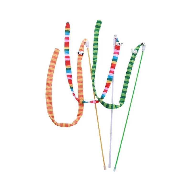 Colourful cat teaser wand toy with a long plush strip and polycarbonate pole