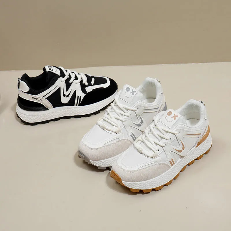 Women's solid colour platform sports casual shoes with round toe and lace-up fastening