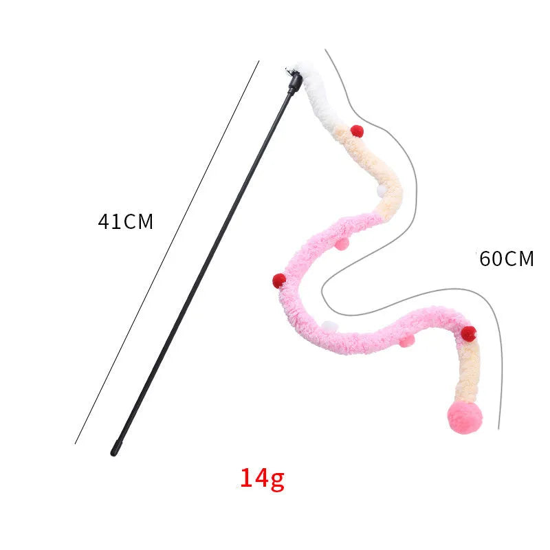 Colourful cat wand toy with plush strip and bell ball on 41cm pole
