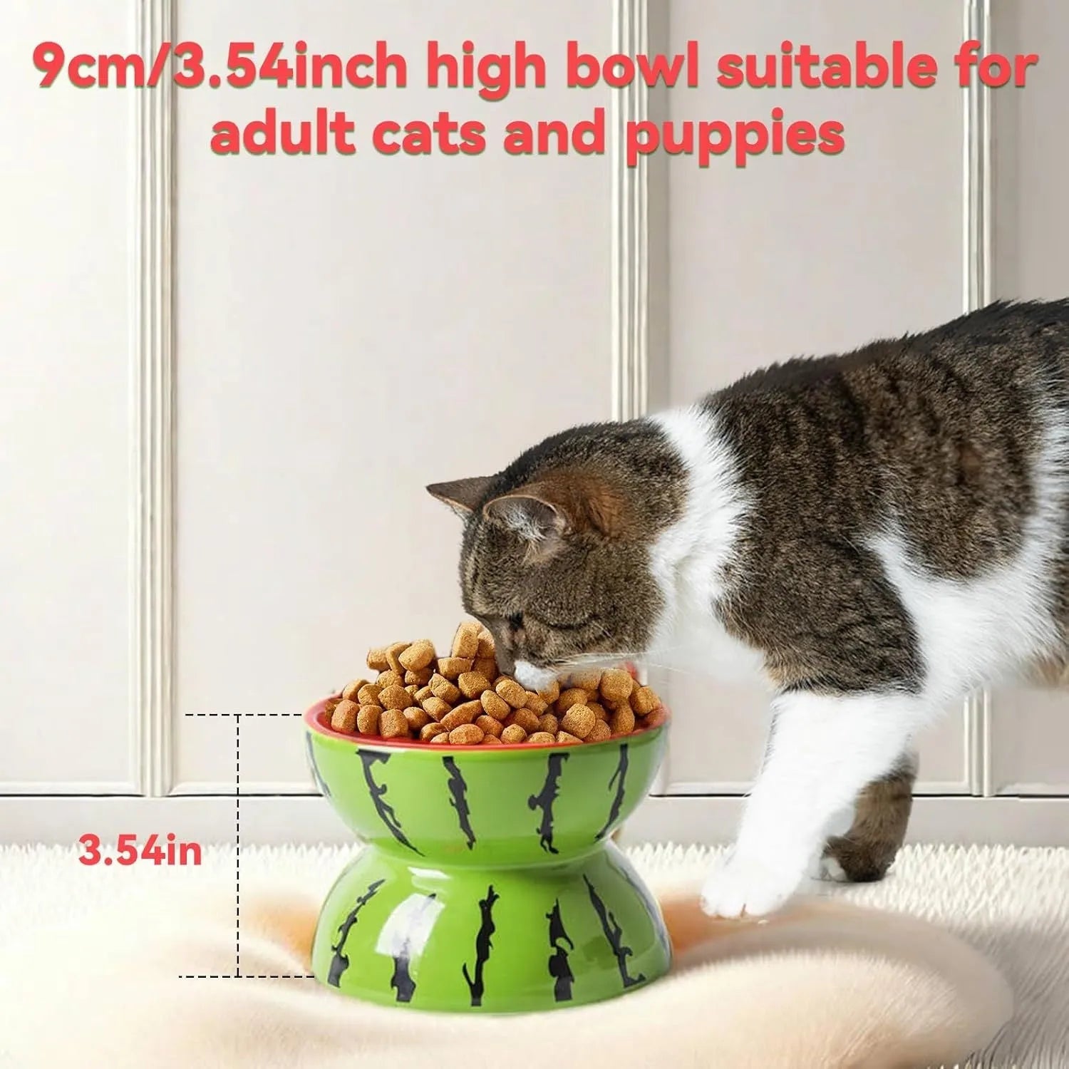 Ceramic raised cat bowl with tilted wide rim design in orange pattern for indoor cats