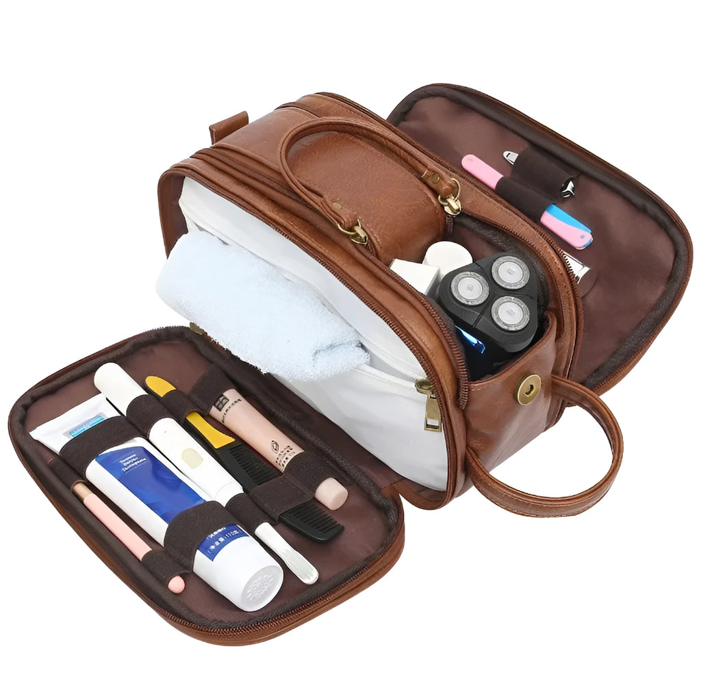 Men's black or brown PU toiletries bag with zipper closure for travel cosmetic storage