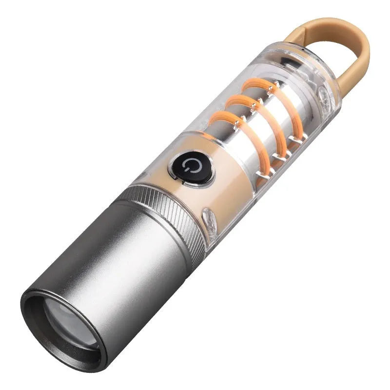 Orange 10W LED flashlight with optical zoom, dual light sources, hook and keychain accessories