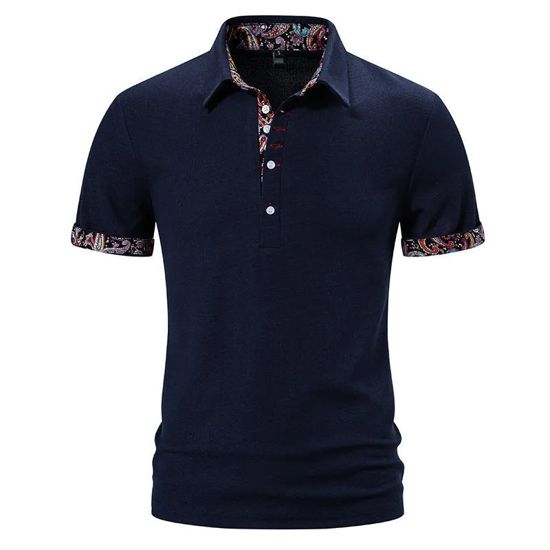 Men's cotton blend polo shirt with turnover collar and colour stitching in white, black, or navy blue.