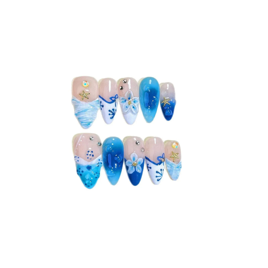 Blue hand-painted carved transparent ice fake nails in plastic material for women