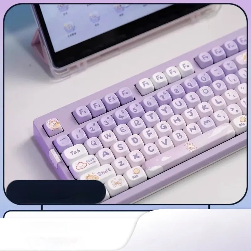 Set of purple to white gradient keycaps with a sublimation printed rabbit design for mechanical keyboards.