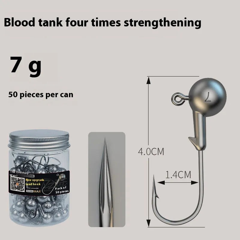 Pack of fifty 7g lead-head jig hooks made from enhanced steel for fishing