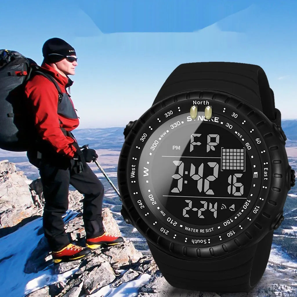Black men's waterproof outdoor electronic watch with large 54.74mm dial and adjustable PU leather strap