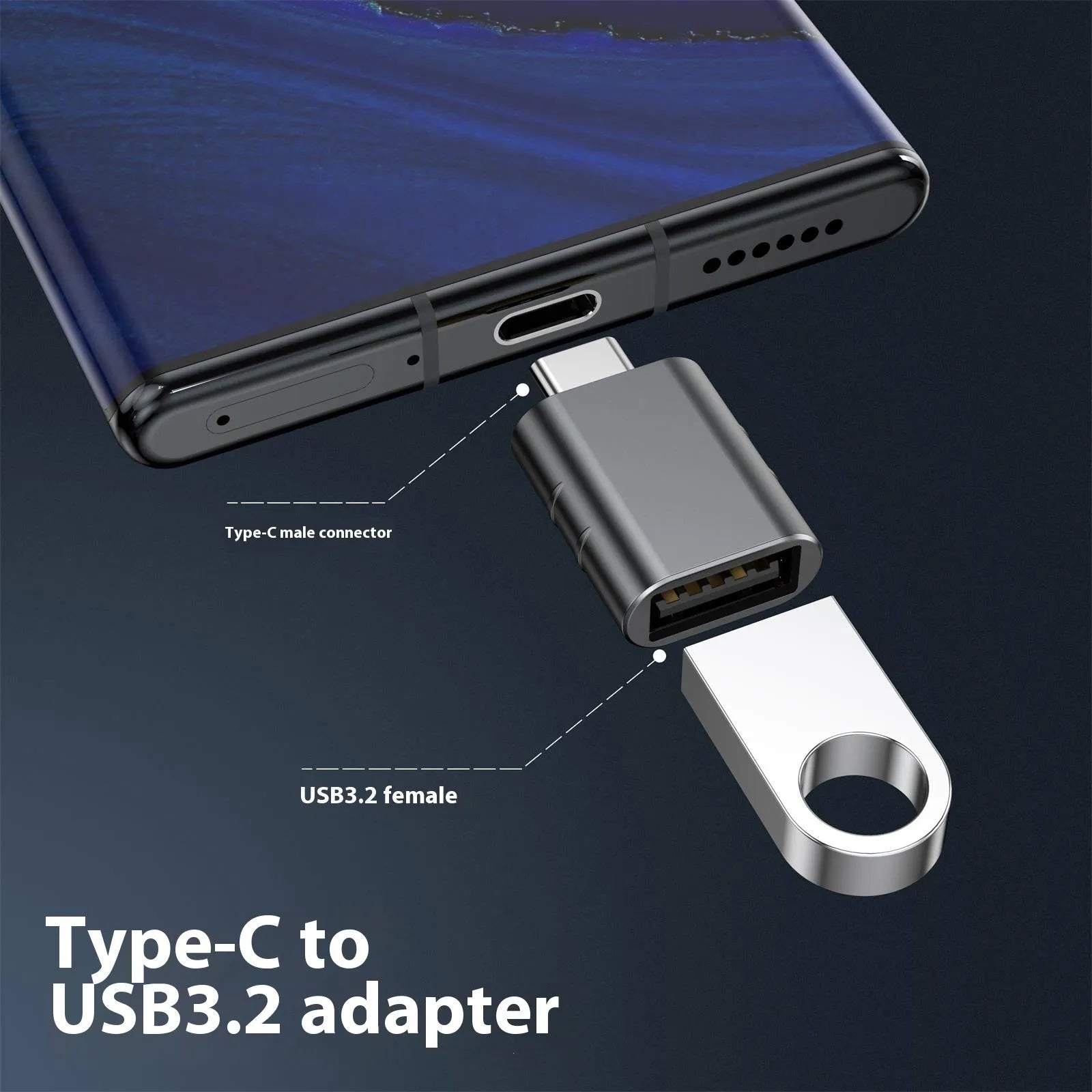 USB-C to USB-A adapter converter in metallic finish with zinc alloy shell
