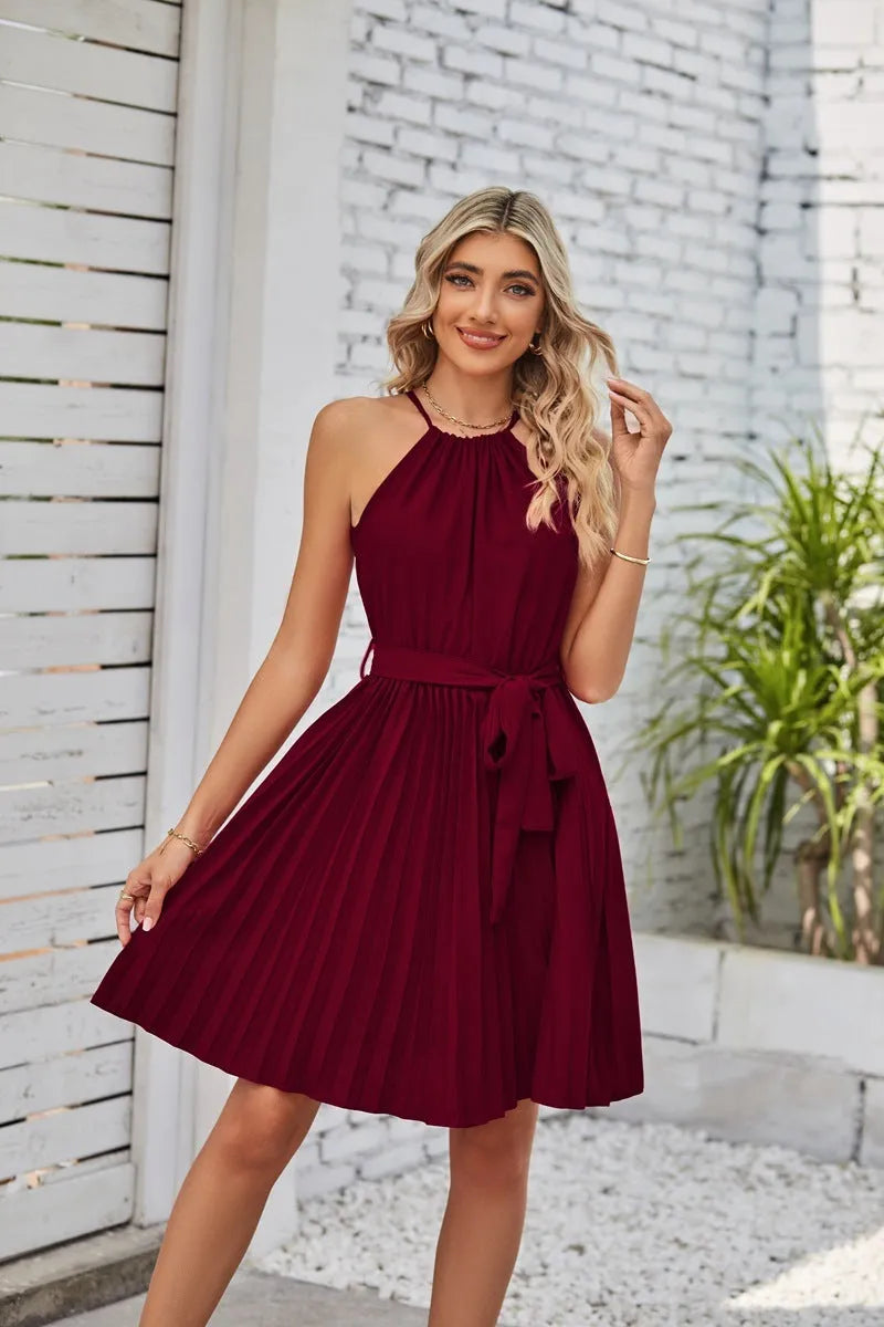 Women's halter strapless chiffon dress with pleated skirt and adjustable waist tie in multiple colour options