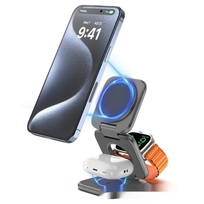 Foldable magnetic wireless phone charger in black or white with QC3.0 fast charging