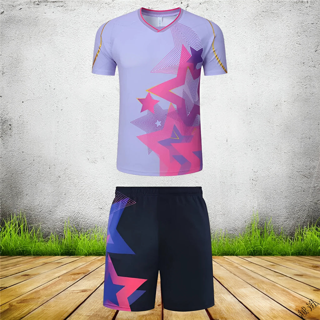 Unisex blue and black polyester badminton sportswear set with short sleeves and full-length trousers