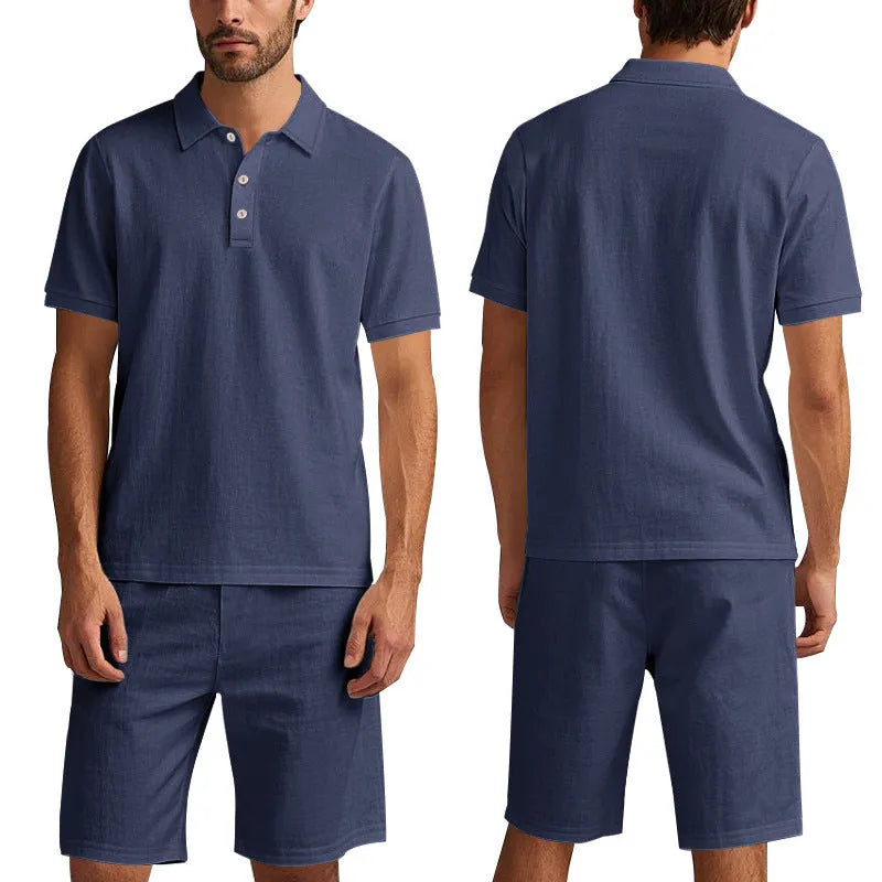 Men's loose fit apricot linen blend short sleeve shirt and shorts set for summer