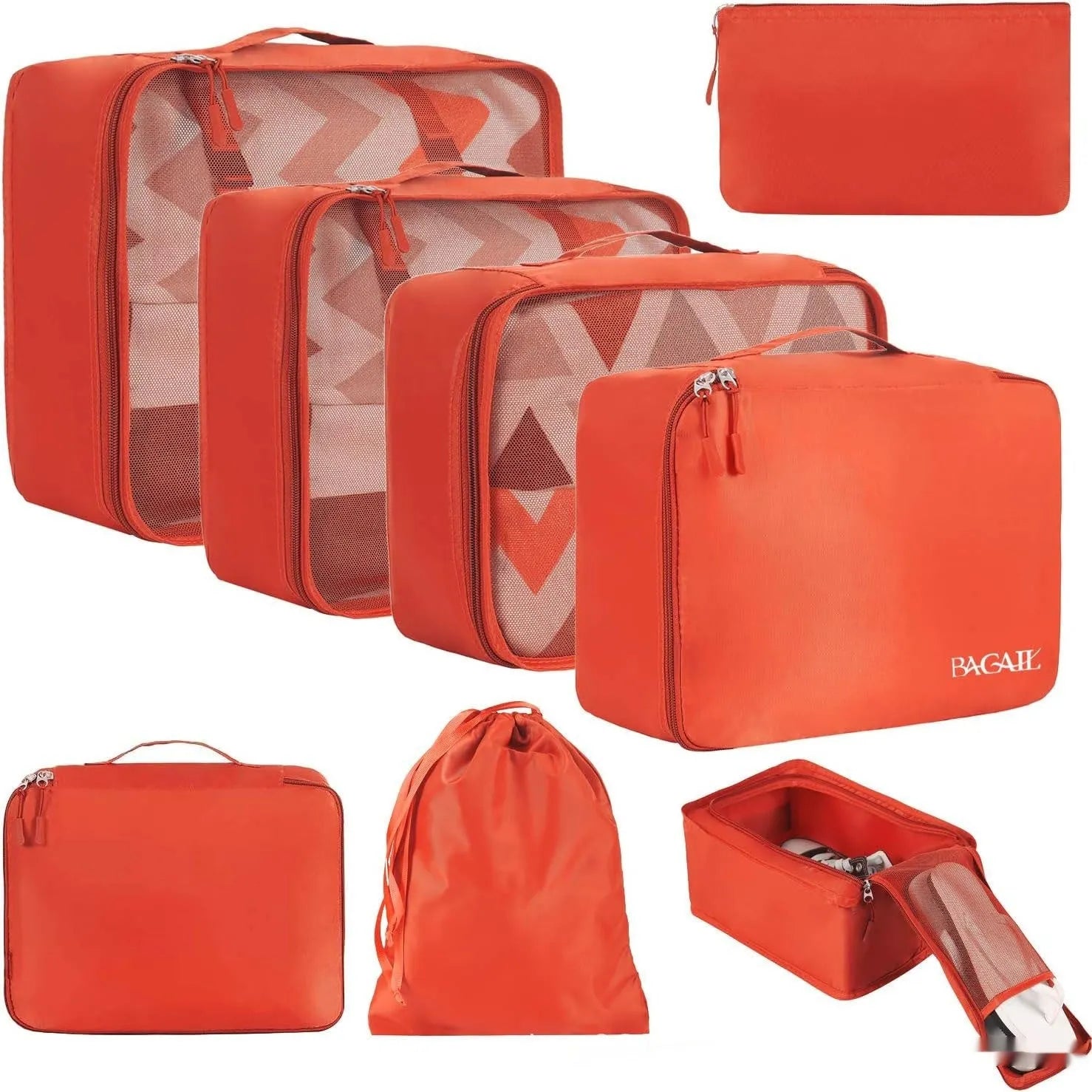 Cubic eight-piece travel packing set showing compression bags in various colours including beige, black, and pink leopard print