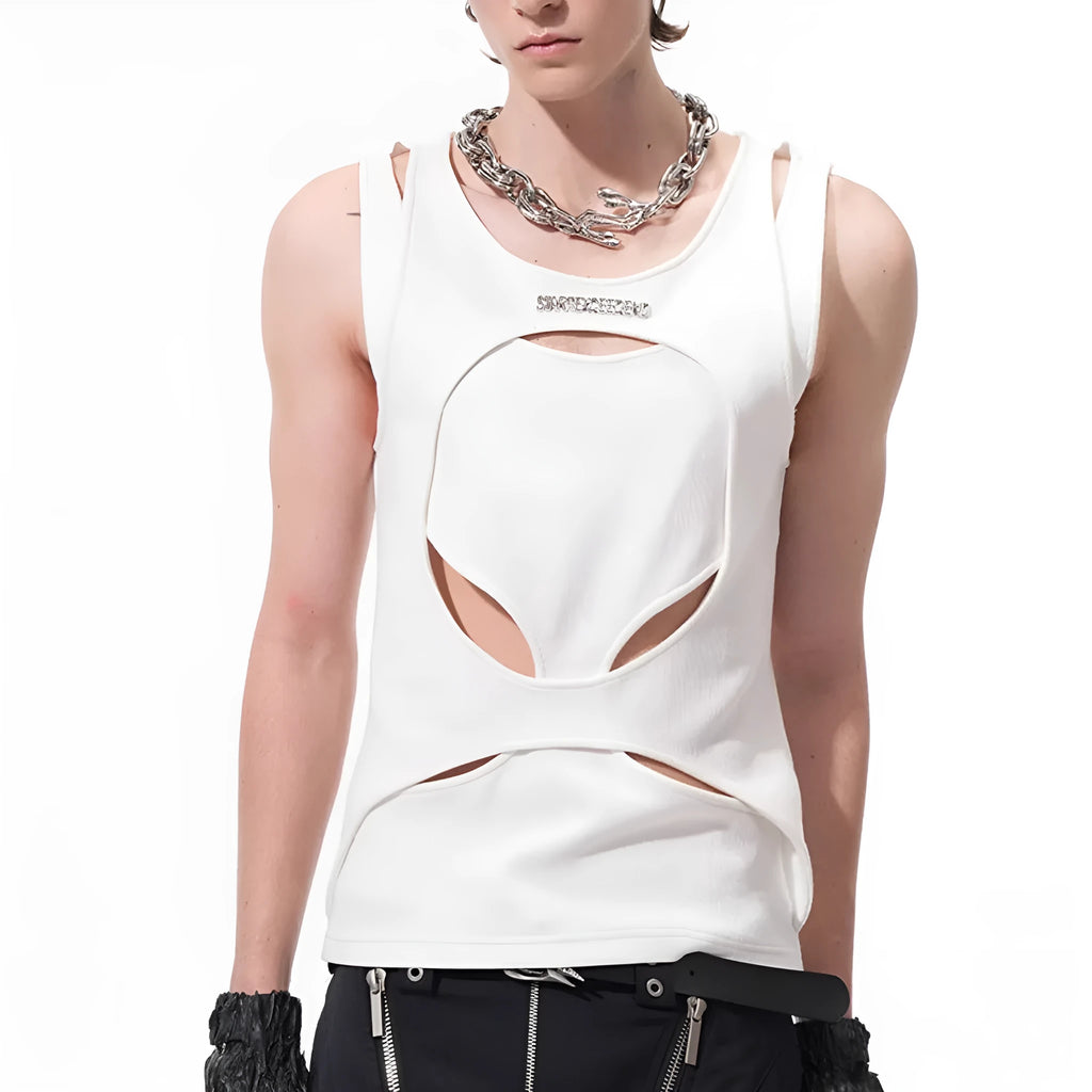 Men's black sleeveless vest with hollow white thread detailing showing loose fit and round neck design