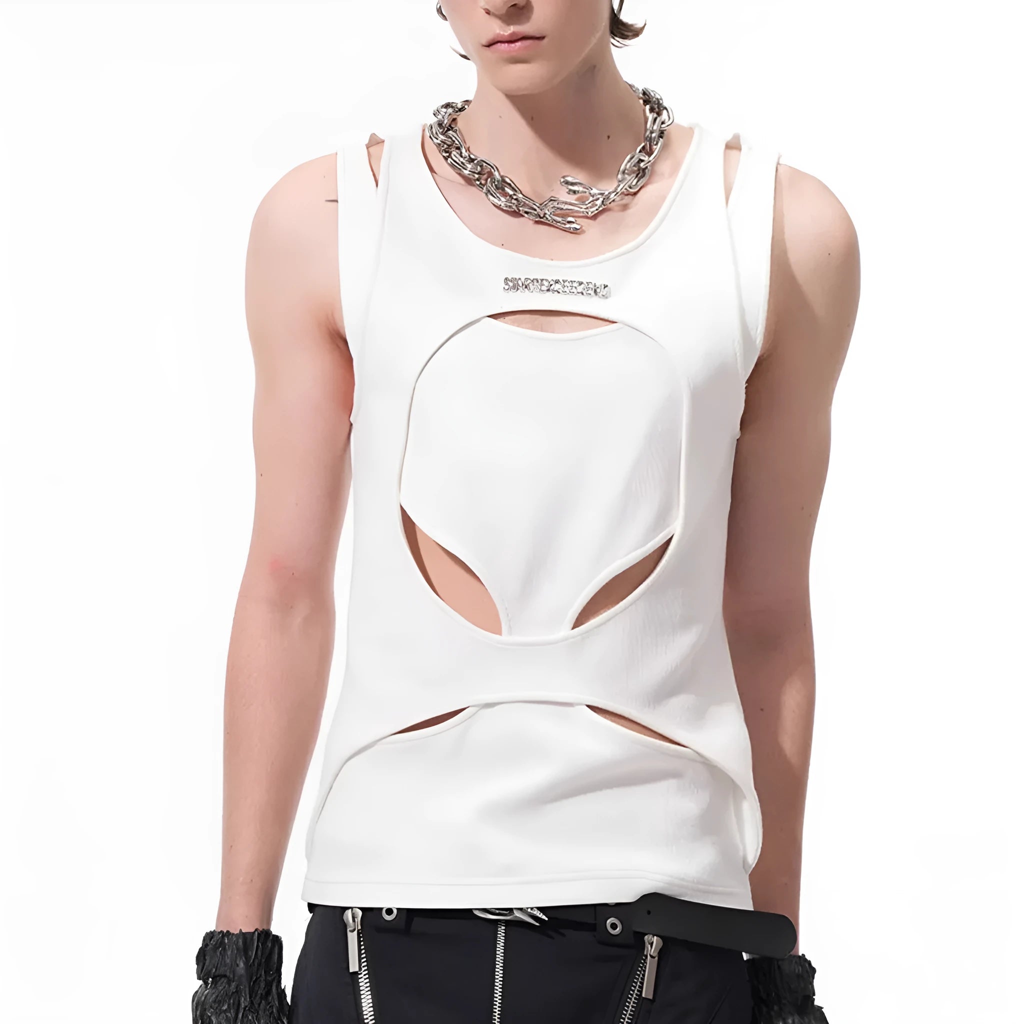 Men's black sleeveless vest with hollow white thread detailing showing loose fit and round neck design