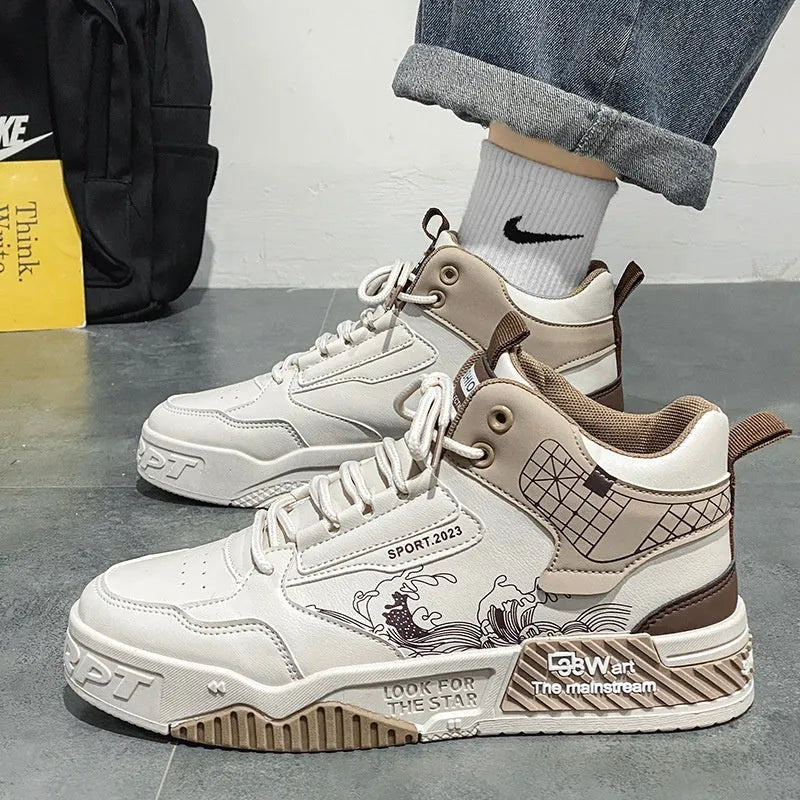 Men's high-top board shoes in beige white and blue with mesh lining and rubber sole