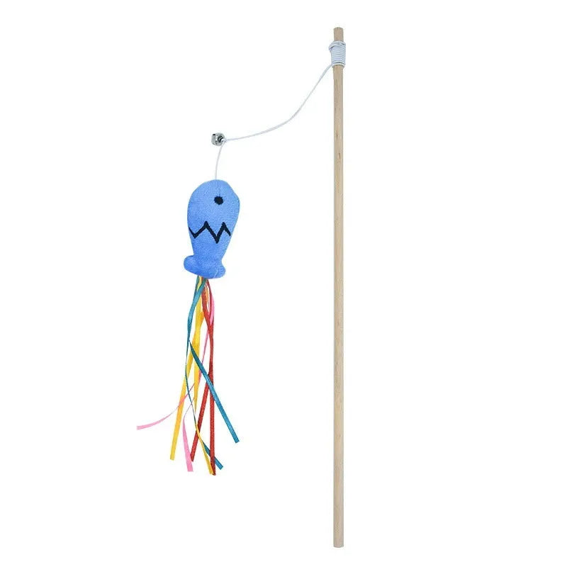 Wooden handle cat wand toy with catnip fish, colourful ribbons, and a bell for interactive play.