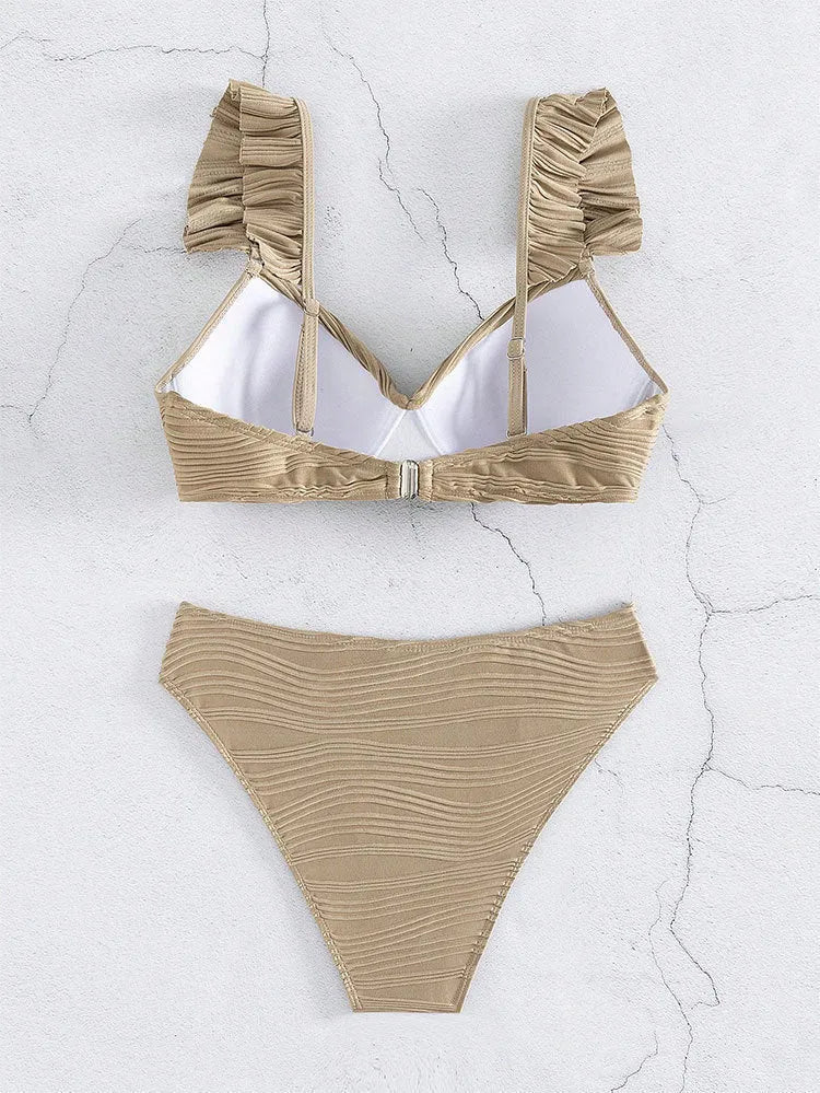 Solid colour women's bikini swimsuit in black or khaki options with polyester fabric