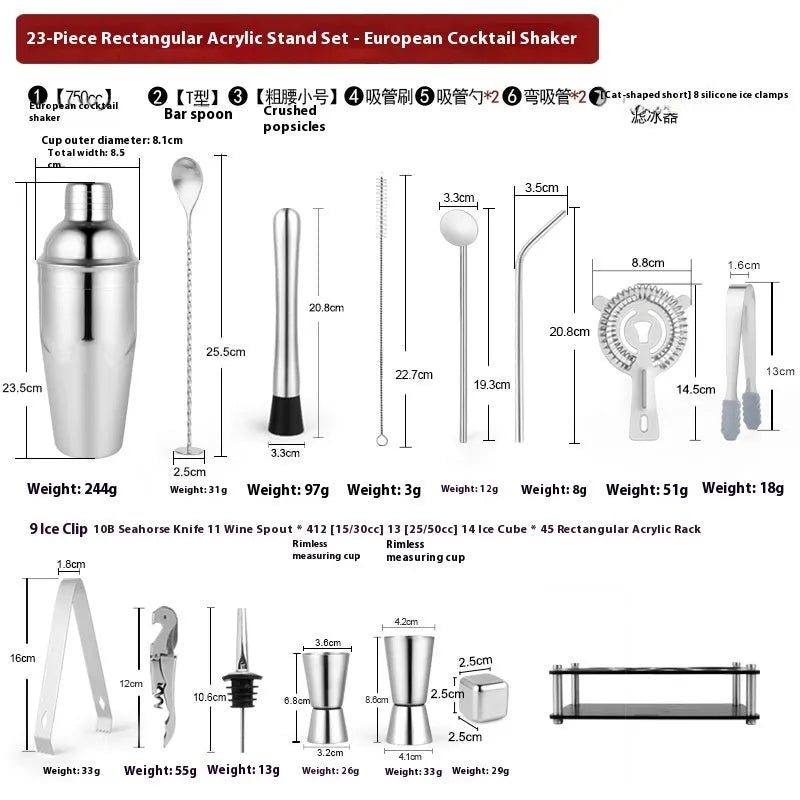 23-piece stainless steel cocktail set with European-style acrylic design for home bar