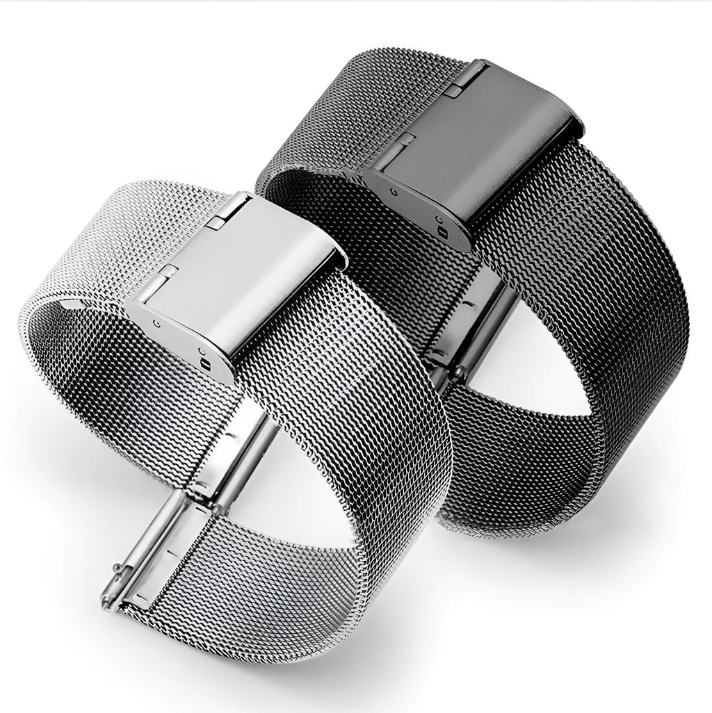 Milani silk woven stainless steel watch replacement strap in silver, black, rose gold, and gold colours